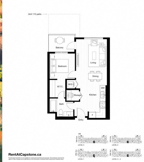 A floor plan for a unit at 115 patio is shown with a balcony, bedroom, living room, dining room, storage, kitchen, and bath.